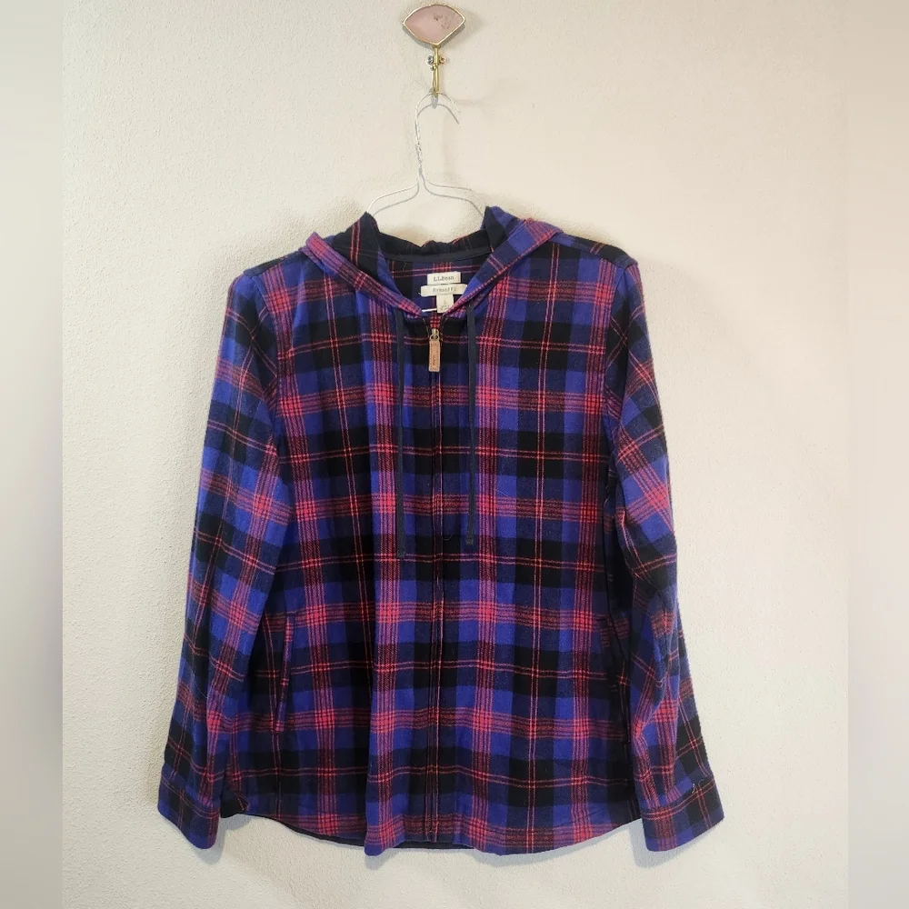 L.L. Bean Women's Scotch Plaid Flannel Zip Up Hoodie Relaxed Fit Size Large - Picture 4 of 11